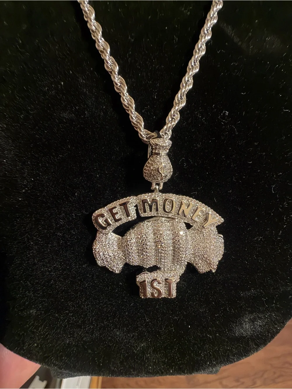 14K White Gold Plated “Get Money First” Pendant + FREE 24” Rope Chain